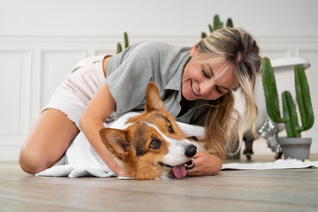 Photo washing pet dog at home