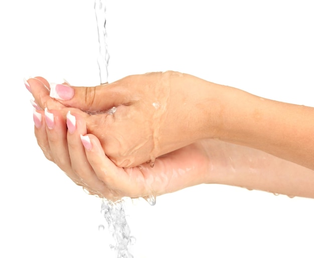 Washing woman's hands on white background closeup