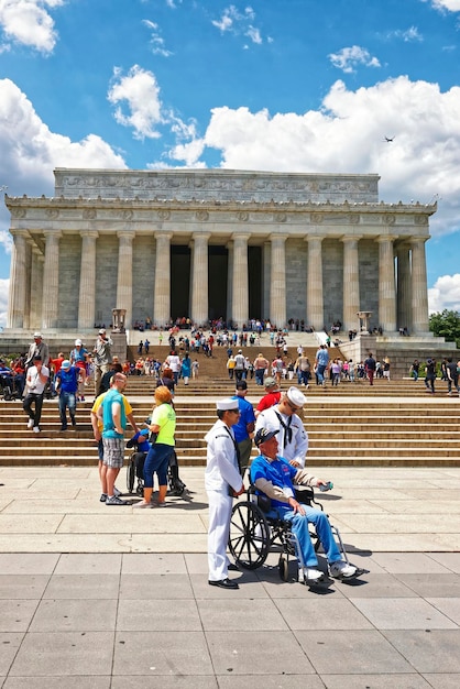 Washington DC, USA - May 2, 2015: War Veterans and guardians of Honor Flight non-profit organization near Lincoln Memorial, west end of National Mall.