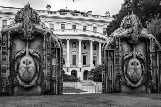 Washington DC White House in a Biomechanical town that blend human physiques with machines illustration generative ai