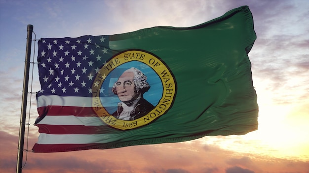 Флаг Вашингтона и США на флагштоке. Смешанный флаг США и Вашингтона развевается на ветру