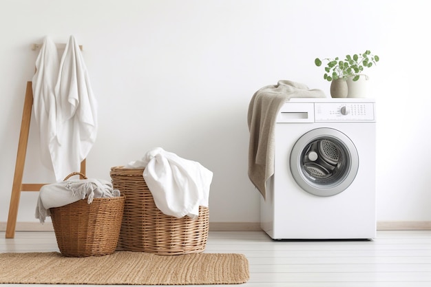waskamer met wasmachine handdoeken en mand
