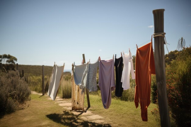 Waslijn met fris gewassen beddengoed en handdoeken die in de wind drogen