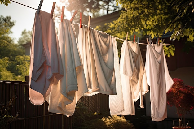 Waslijn met vers gewassen handdoeken en linnengoed drogen in de zon gemaakt met generatieve AI