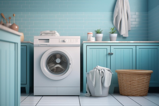 Wasmachine en droger in een waskamer met blauwe muren