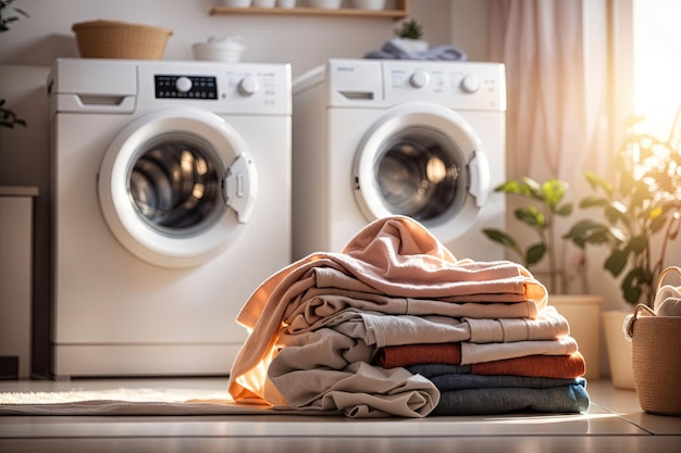 wasmachine en een stapel wasgoed lichte achtergrond ai generatief