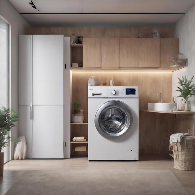 Wasmachine in een minimale wasruimte interieurontwerp