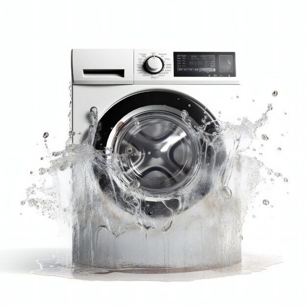 wasmachine met water dat op een witte achtergrond spat