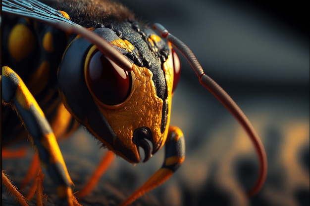 Wasp closeup with great depth of field and many details of insects on an isolated background