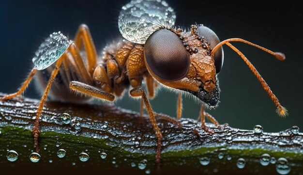 A wasp covered in raindrops sits on a leaf.