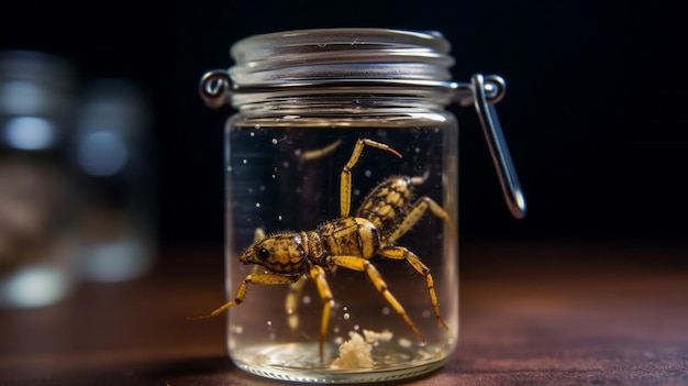 A wasp in a jar with a chain hanging from it