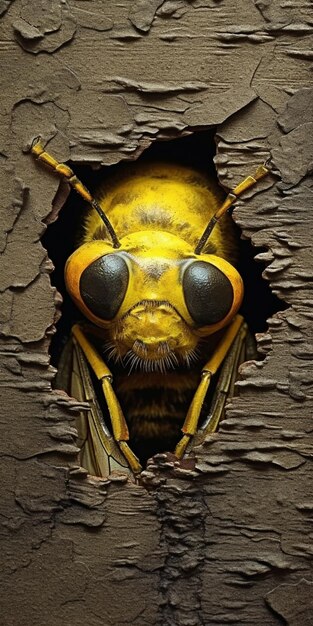 Photo a wasp looks out of a hole in a piece of paper.