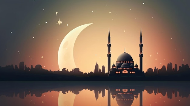 wassende maan met een prachtige moskee in de avond