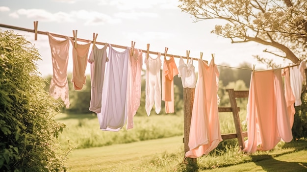 Wasserij en huisgemaakte frisse, schone kleren en linnengoed drogen buiten in de tuin, landelijke cottage-stijl generatieve ai