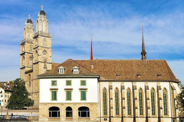 Wasserkirche and Grossmunster Church in Zurich, Switzerland.