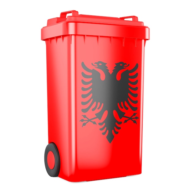 Контейнер для мусора с 3D-рендерингом албанского флага изолирован на белом фоне