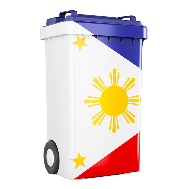 白い背景に分離されたフィリピン国旗 3 D レンダリングと廃棄物コンテナー
