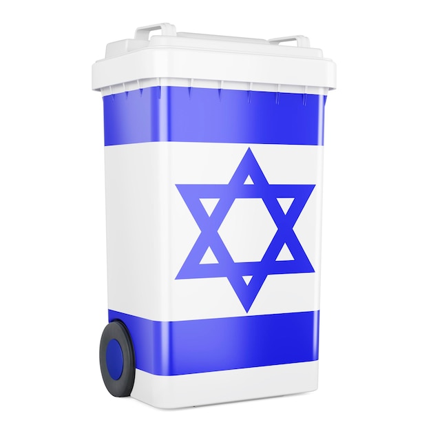 白い背景にイスラエル国旗の3Dレンダリングが隔離された廃棄物コンテナ