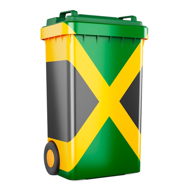 Waste container with Jamaican flag 3D rendering isolated on white background