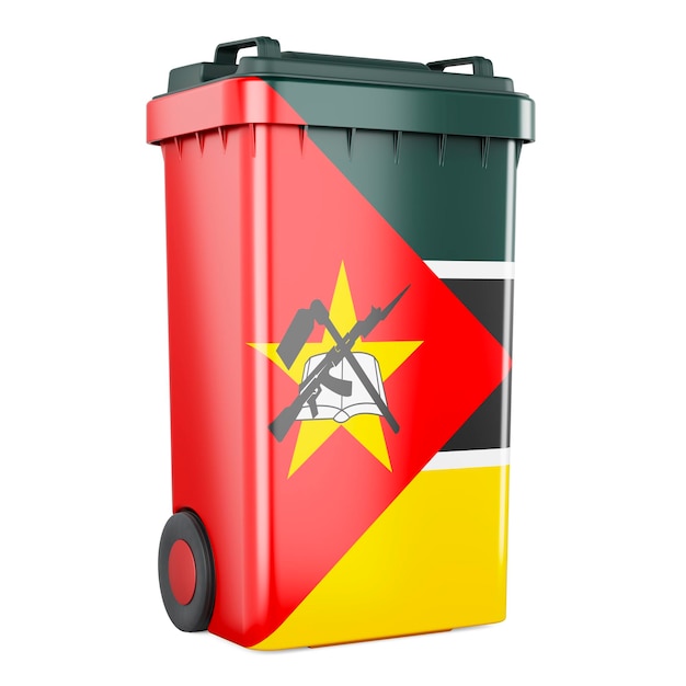 Контейнер для отходов с 3D-рендерингом флага Мозамбика на белом фоне