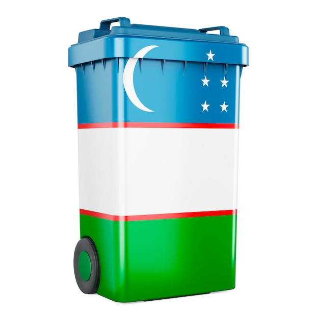 Waste container with Uzbek flag 3D rendering