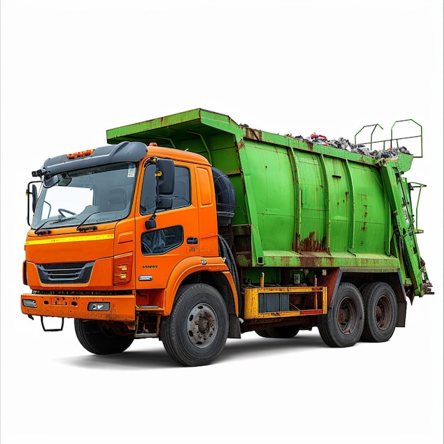 Waste disposal in action Garbage trucks emptying containers isolated on white For Social Media Post
