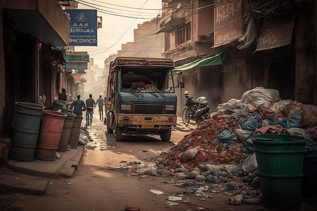 Waste disposal in form of garbage sludge on streets of city