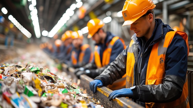 Waste management as group in protective wear meticulously sort waste