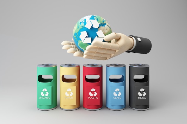 Waste separation concept classify before discarding to help the\
world in making materials recycled to help restore the global\
environment by hand of business man 3d rendering