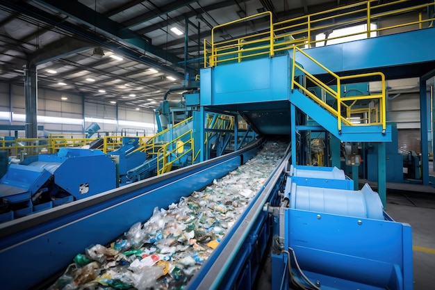 Waste sorting plant Many different conveyors and bins conveyors filled with various household waste Waste disposal and recycling Waste processing plant