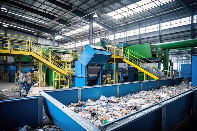 Waste sorting plant Many different conveyors and bins conveyors filled with various household waste Waste disposal and recycling Waste processing plant
