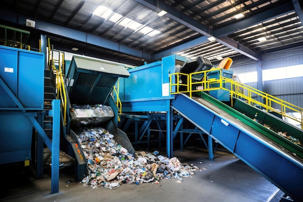 Waste sorting plant Many different conveyors and bins conveyors filled with various household waste Waste disposal and recycling Waste processing plant