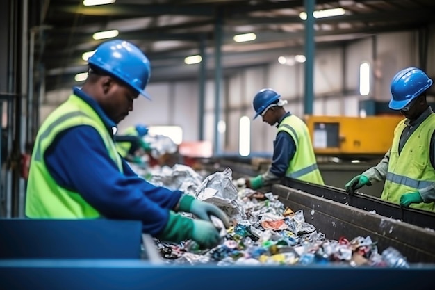 Waste sorting plant Many different conveyors and bunkers Workers sort the garbage on the conveyor Waste disposal and recycling Waste recycling plant