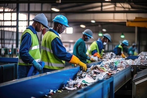 廃棄物分別工場 さまざまなコンベアとバンカー 作業員がコンベア上でゴミを分別する 廃棄物処理とリサイクル 廃棄物リサイクル工場