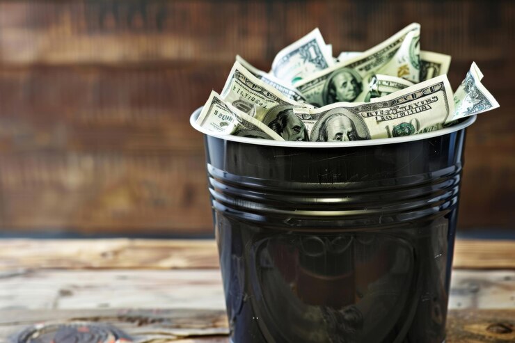 Wastebasket full of wrinkled bills depicting financial carelessness