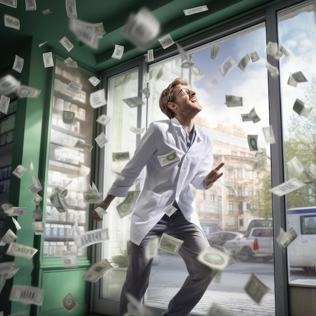 Wasted Currencies A Frustrated Pharmacist Discards Euros from the Window Side View 169