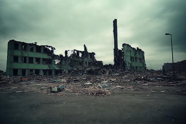 Wasteland with collapsed structures of old factory and destroyed industrial buildings