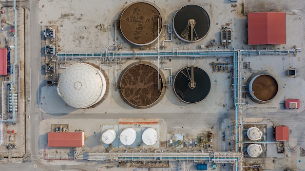Wastewater treatment plant, Water recycling on sewage treatment station, Aerial view.