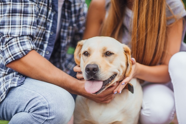 Wat een schattig momentje! Jong koppel rusten met hond. Gelukkig gouden labrador.