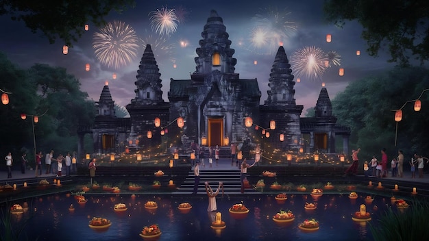 Wat mahathat in sukhothai historical park with lantern in loy krathong day at sukhothai thailand