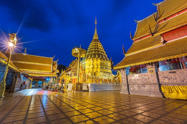 Wat Phra That Doi Suthep is a Buddhist temple is a major tourist attraction Is an ancient Thai art with Twilight blue bright at dusk night and Public places in Chiang Mai,Thailand.