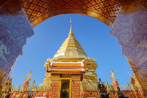 Wat Phra That Doi Suthep Pagoda most famous temple in Chiang Mai, Thailand. n old temple decorated with beautifully carved gold carvings