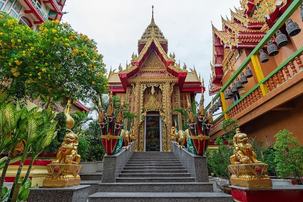 Wat Tham Sua는 Kanchanaburi Tha Muang 지역의 산 꼭대기에 위치한 사원이자 관광 명소입니다. 논으로 둘러싸인 풍경으로 유명합니다.