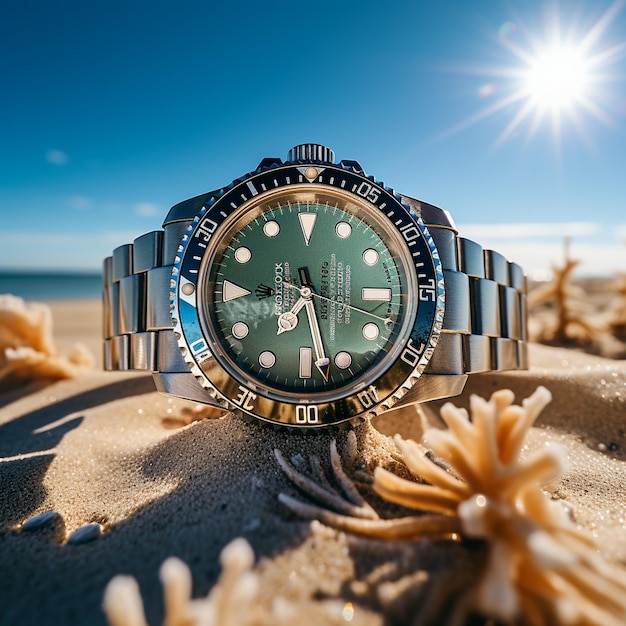 a watch on a beach with the sun shining on it.