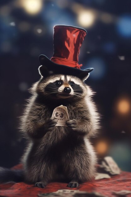 Watch the comical raccoon magician in action wearing a mystical hat AI generated