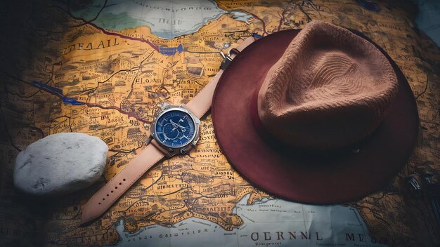 Photo watch hat and stone lie on tavel map