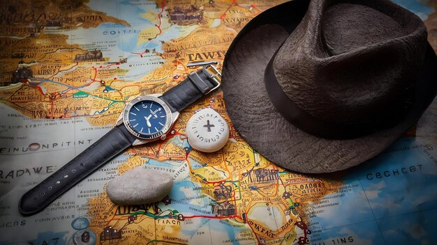 Photo watch hat and stone lie on tavel map