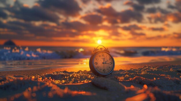 a watch is on the beach and the sun is setting