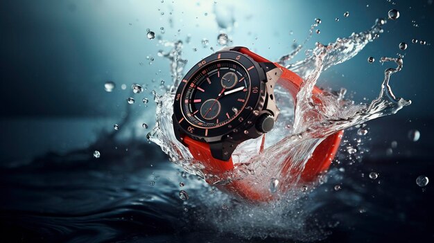 a watch is being splashed in the water with a red wristband