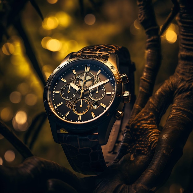 a watch is on a tree with a tree behind it